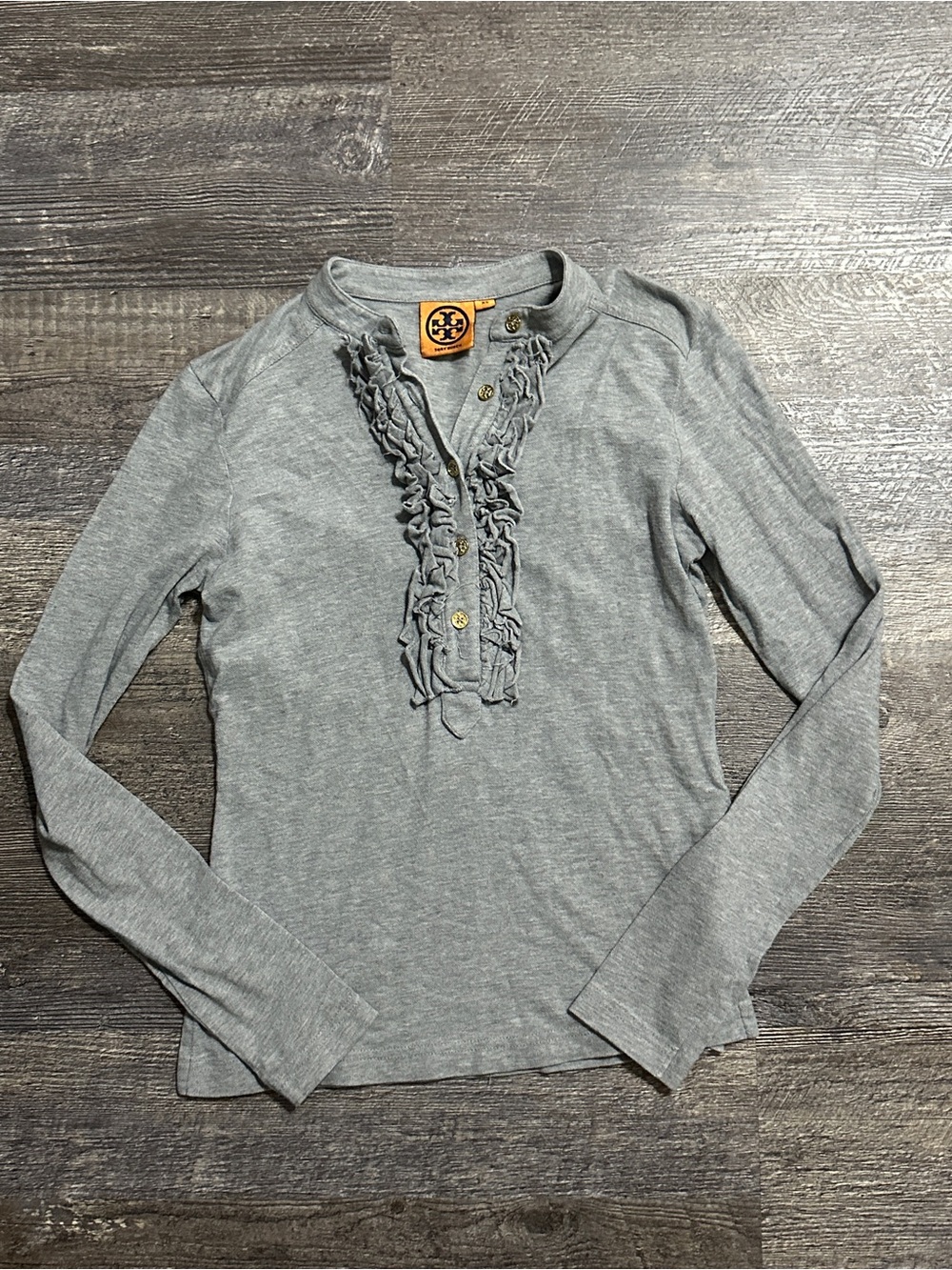 Tory Burch Gray Lidia Ruffle Polo Long Sleeve Top Size XS